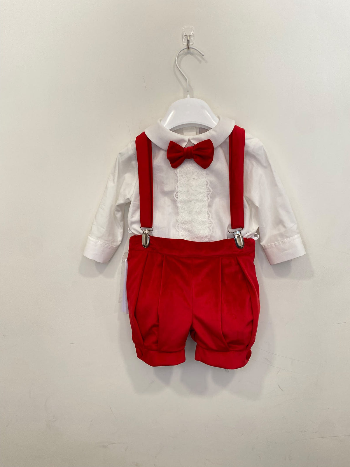 Completo Elegante Bimbo 2 Pezzi in Velluto Rosso con Bretelle e Pizzo 👦✨⭐