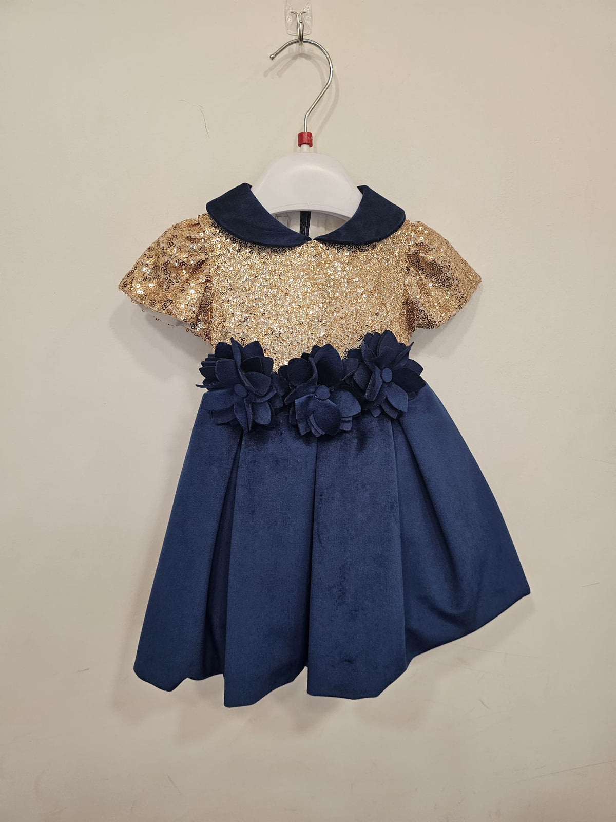 Abito Cerimonia Bimba Sequin Oro e Velluto Blu con Fiori 3D ✨💙