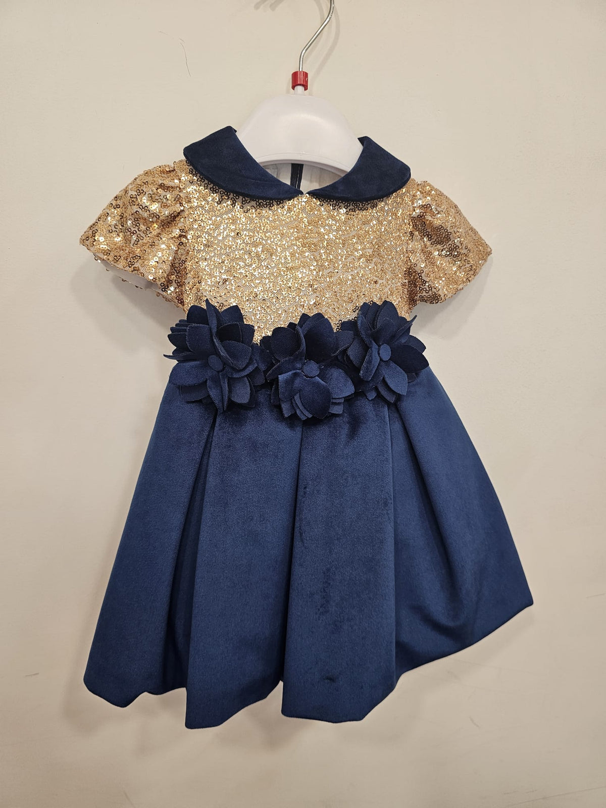 Abito Cerimonia Bimba Sequin Oro e Velluto Blu con Fiori 3D ✨💙