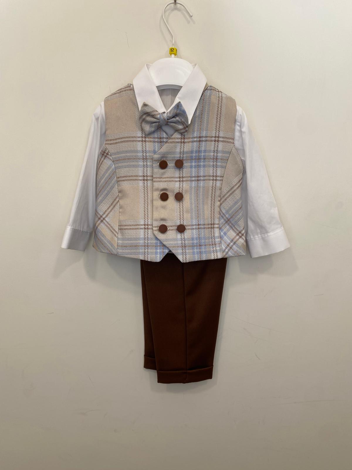 Completo Elegante Bimbo 3 Pezzi con Gilet Doppio Petto Tartan 👦✨⭐