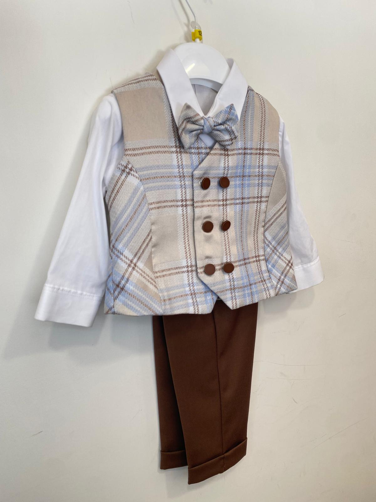 Completo Elegante Bimbo 3 Pezzi con Gilet Doppio Petto Tartan 👦✨⭐