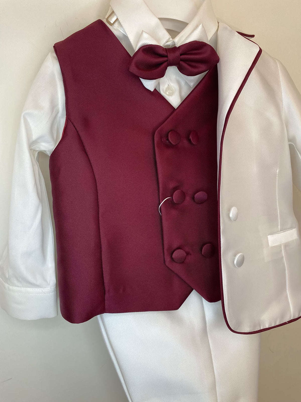 Abito da Cerimonia Bimbo 4 Pezzi con Giacca Bianca e Gilet Bordeaux 👦✨⭐