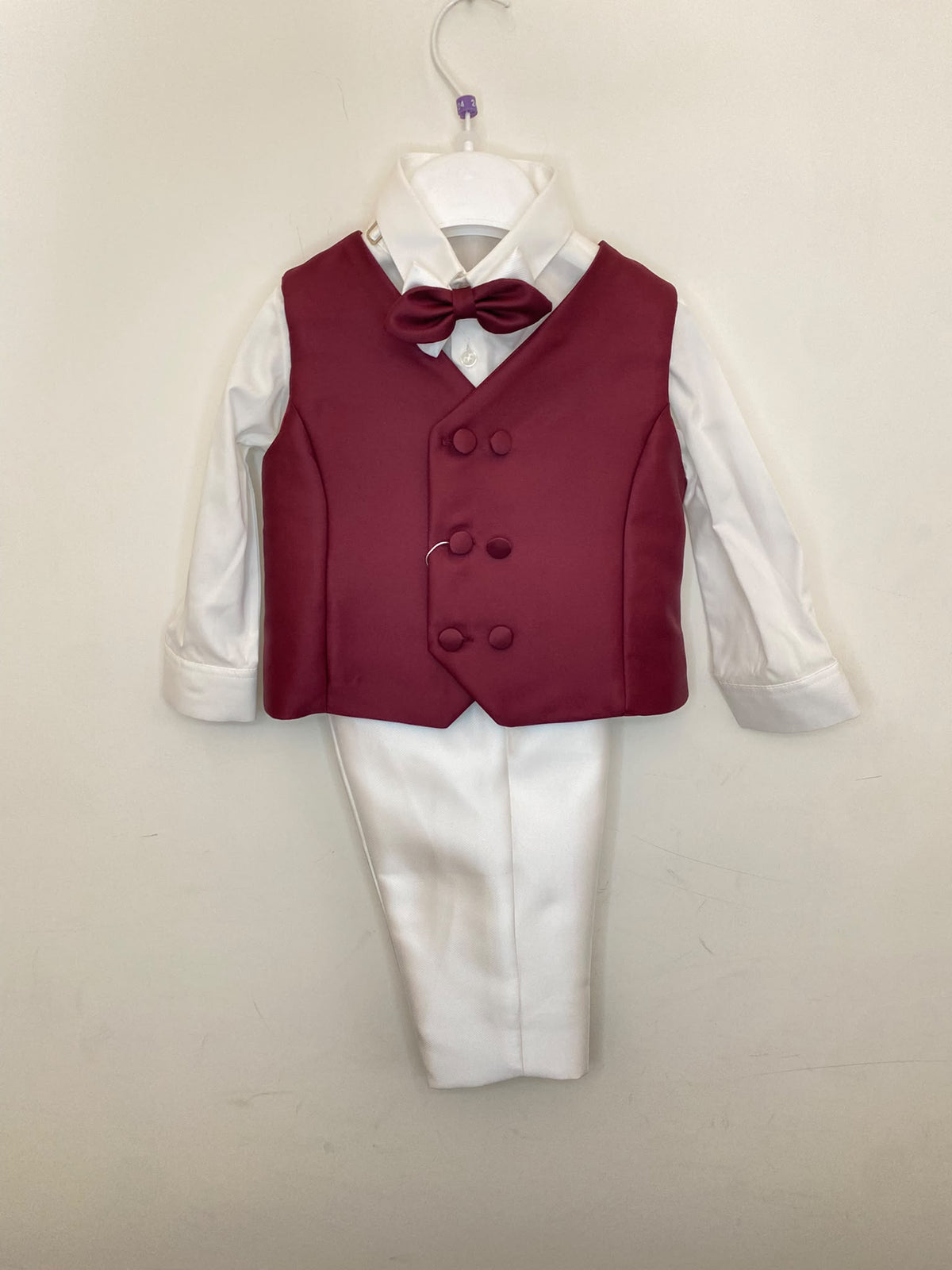 Abito da Cerimonia Bimbo 4 Pezzi con Giacca Bianca e Gilet Bordeaux 👦✨⭐