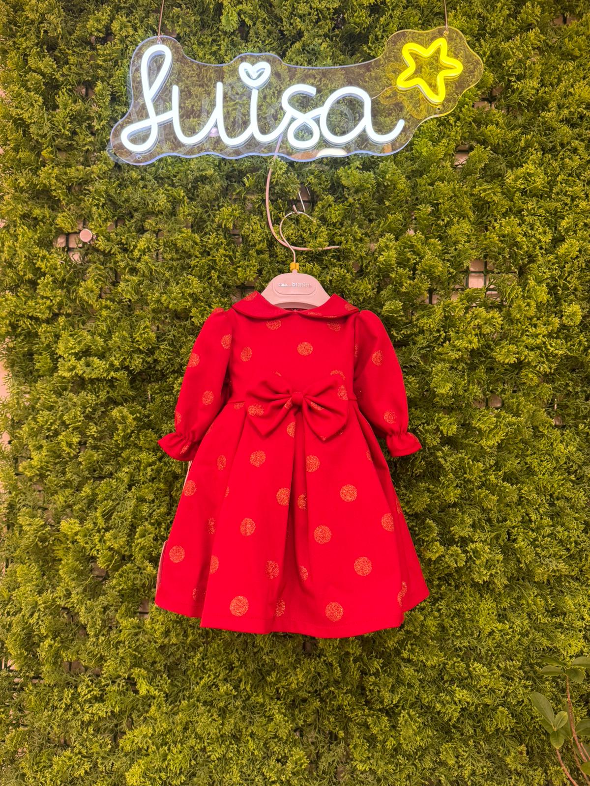 Vestito rosso con pois oro